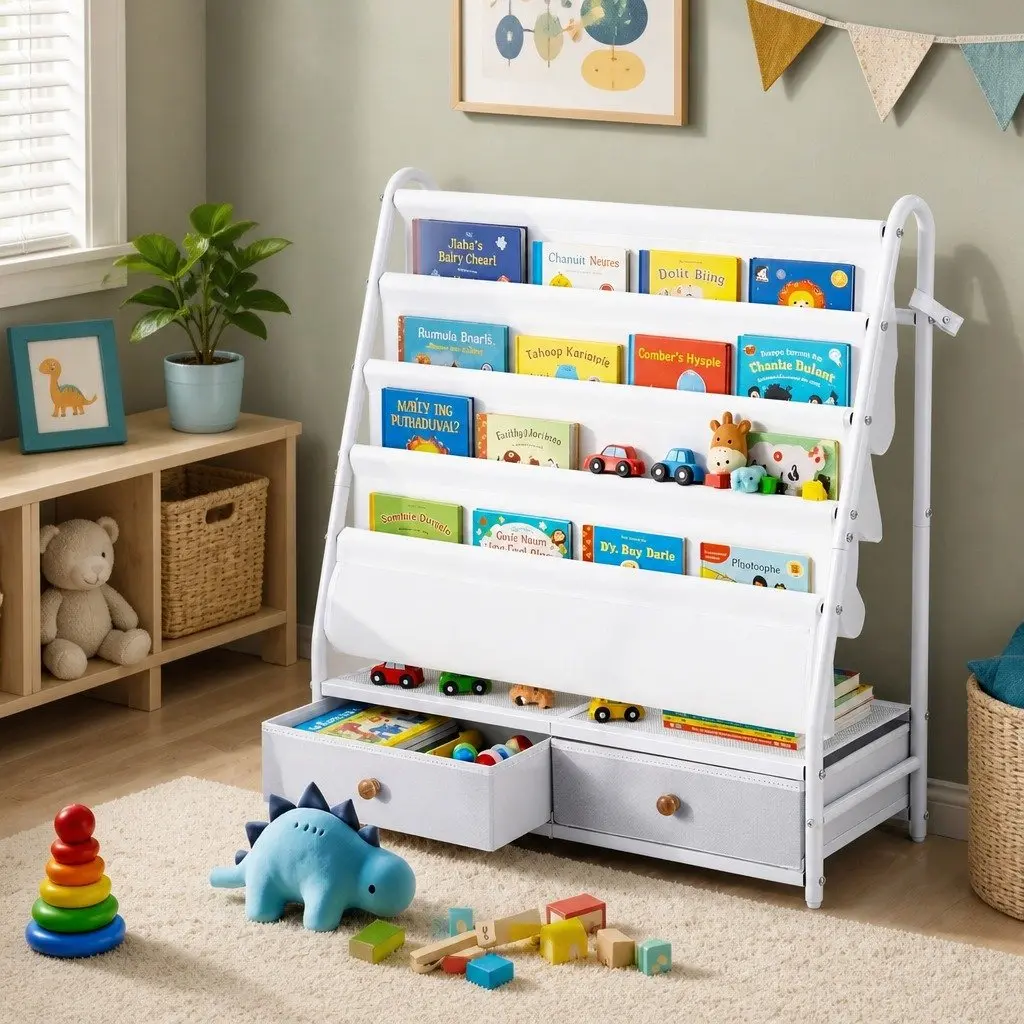 Kids Bookshelf Metal Storage Rack White 70cm x 28cm x 76cm Non-Woven Fabric Drawers