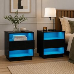 Stylish Black LED Bedside Table with Storage