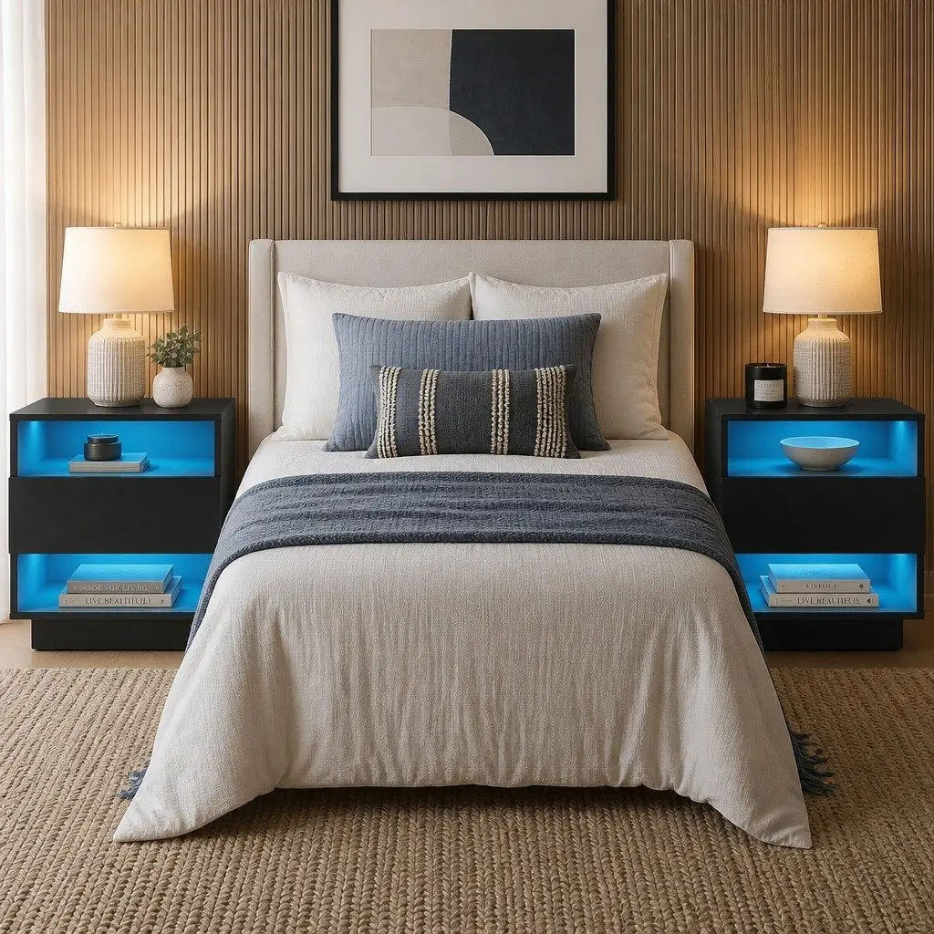 Black LED Bedside Table with Storage