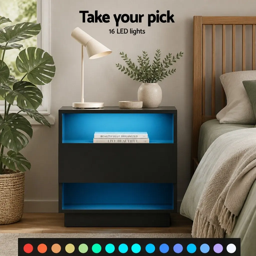 Black LED Bedside Table with Storage
