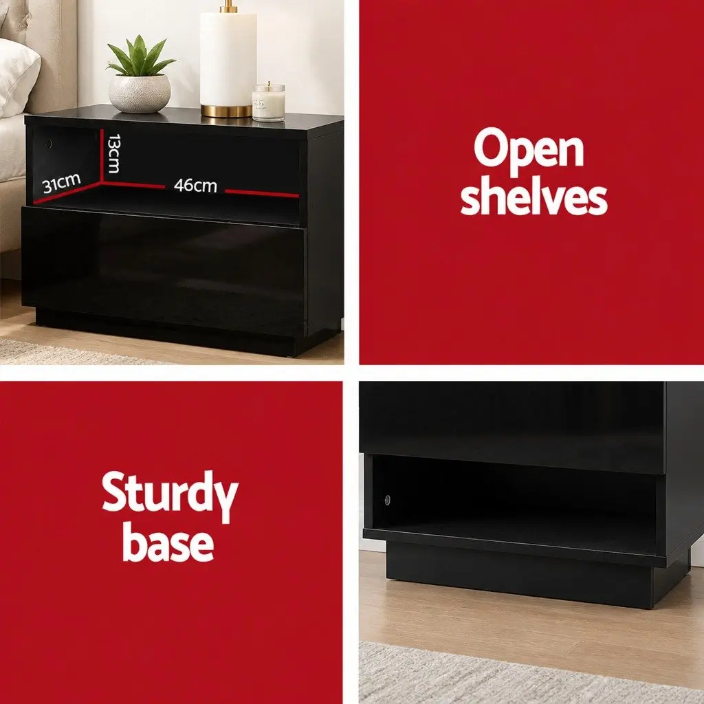 Black LED Bedside Table with Storage