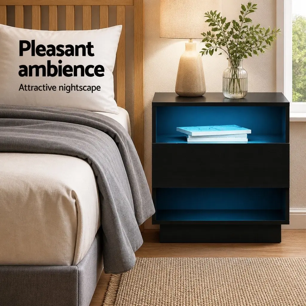 Black LED Bedside Table with Storage