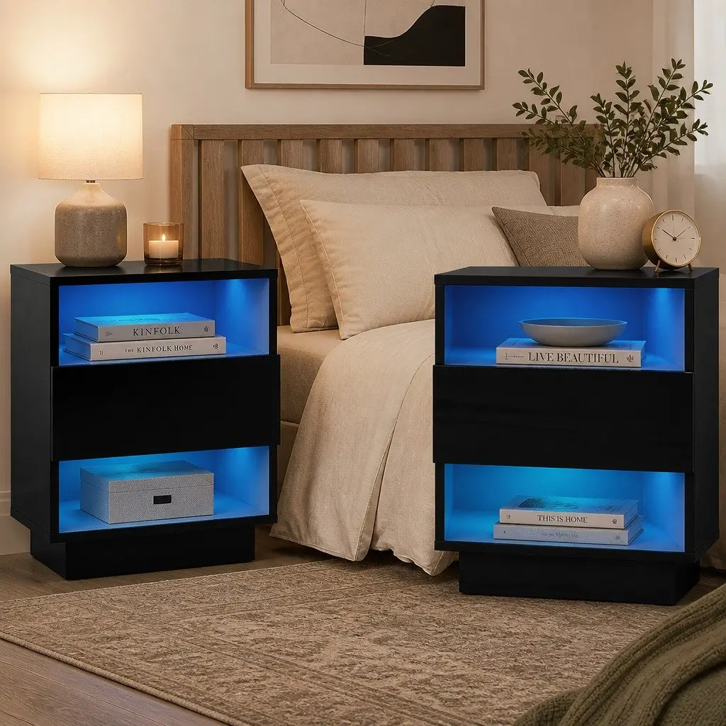 Black LED Bedside Table with Storage