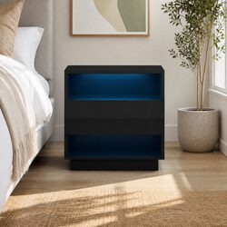 Modern Black Bedside Table with LED Lighting and Shelves