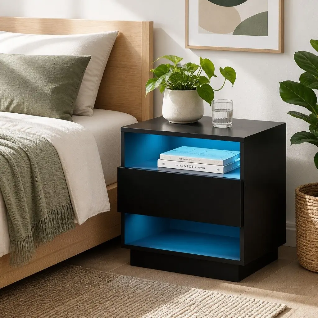 Black Bedside Table with LED Lighting and Shelves