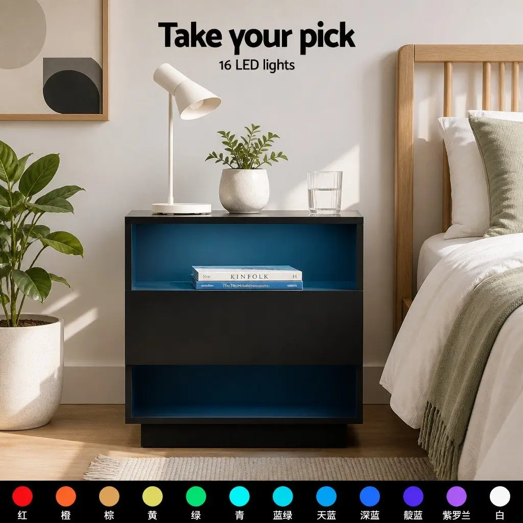 Black Bedside Table with LED Lighting and Shelves