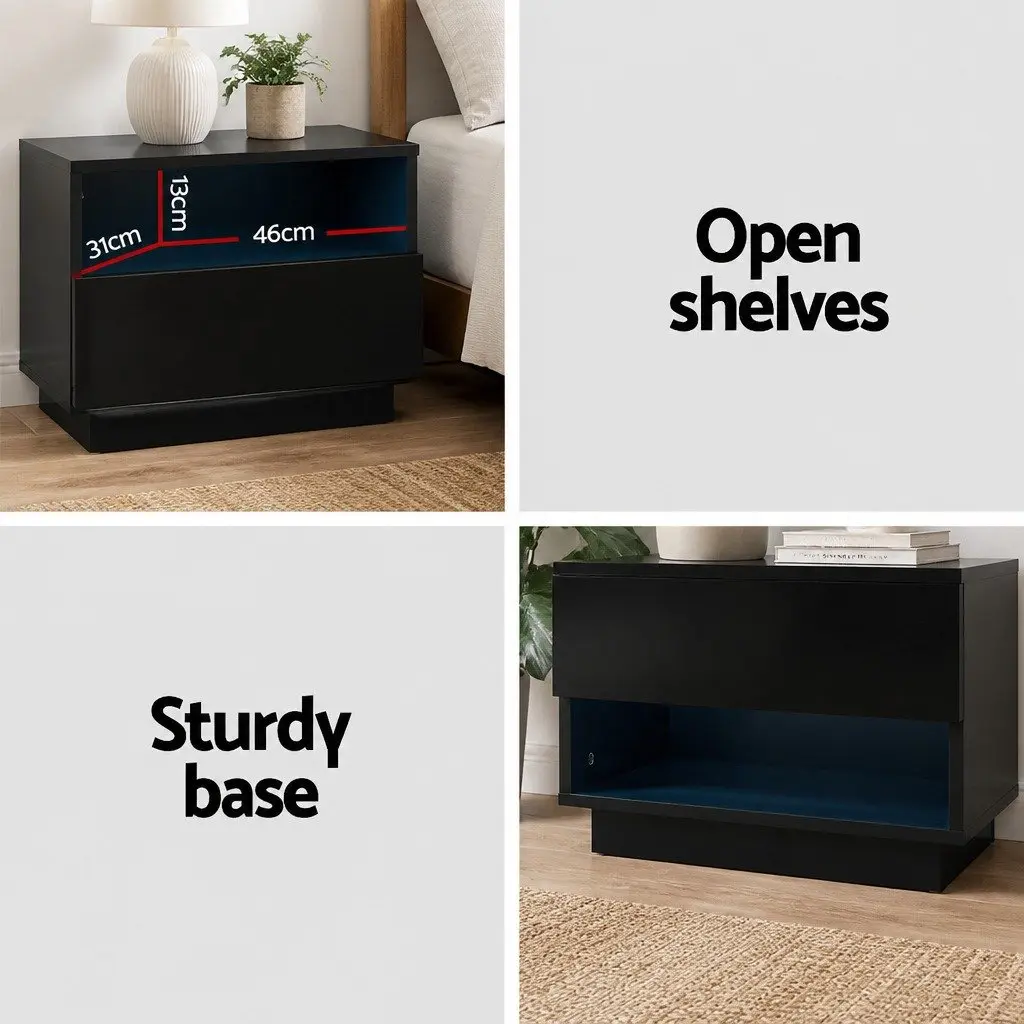 Black Bedside Table with LED Lighting and Shelves
