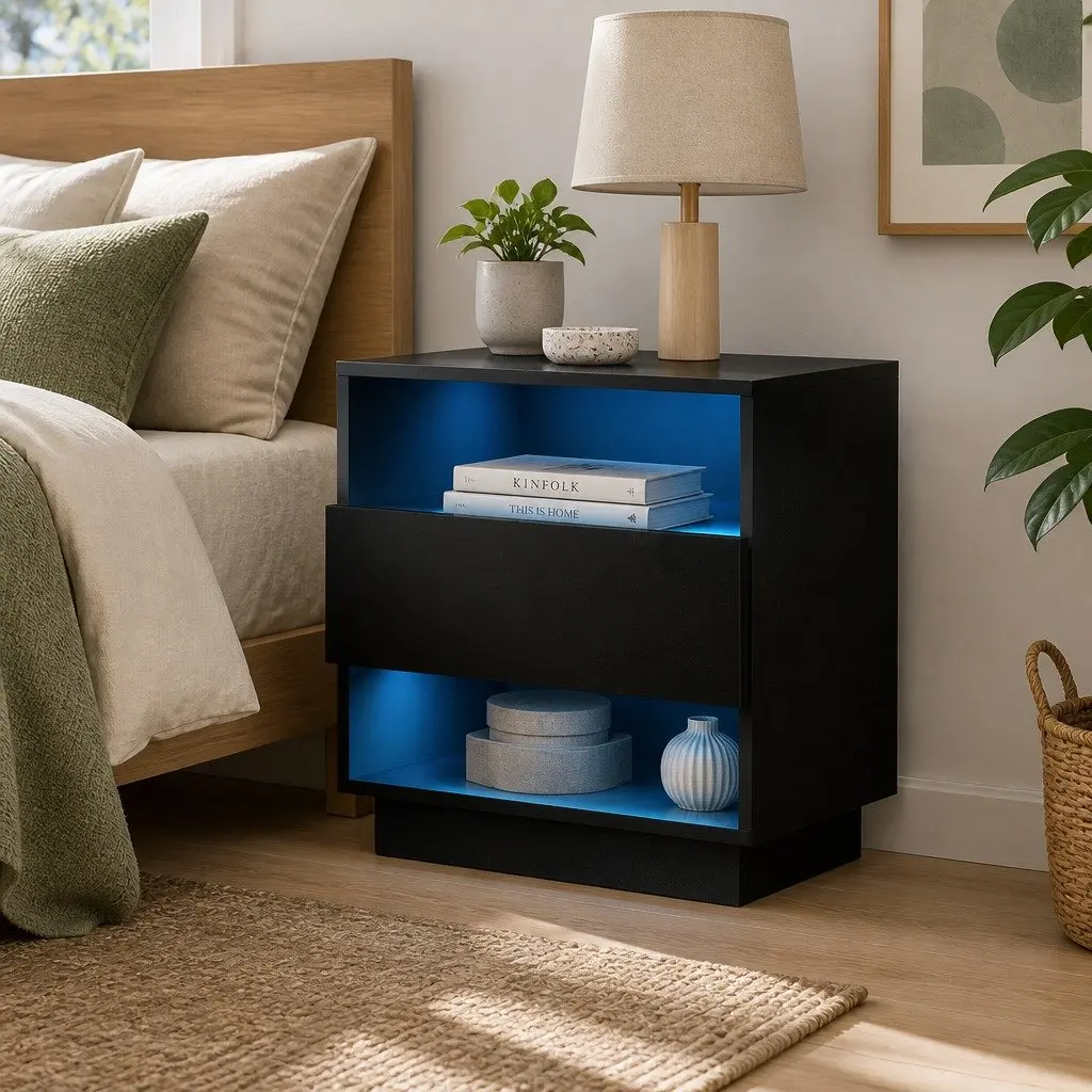 Black Bedside Table with LED Lighting and Shelves