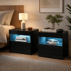 Modern Black Bedside Table with LED Light and Drawers