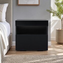 LED-Illuminated Black Bedside Table with Storage