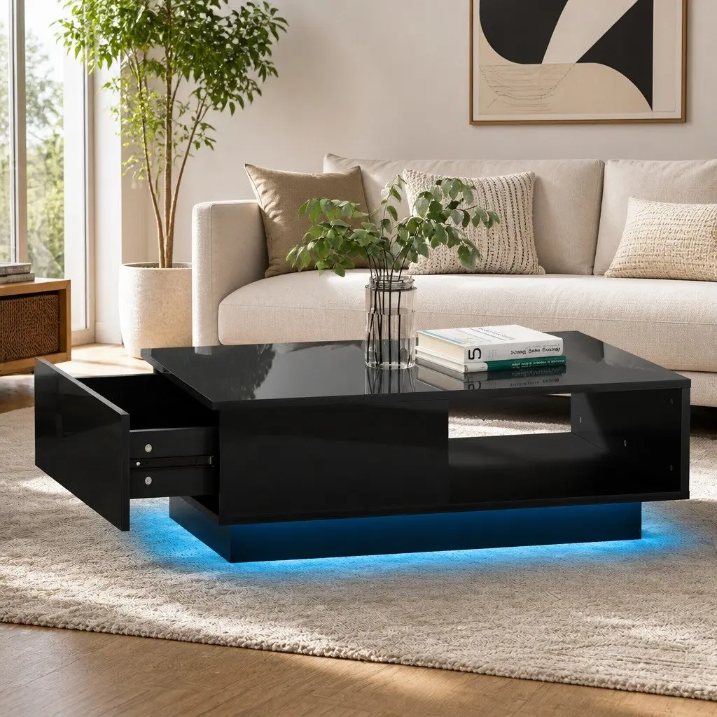 Modern LED Coffee Table with Remote Control Lights Black Living Room Storage