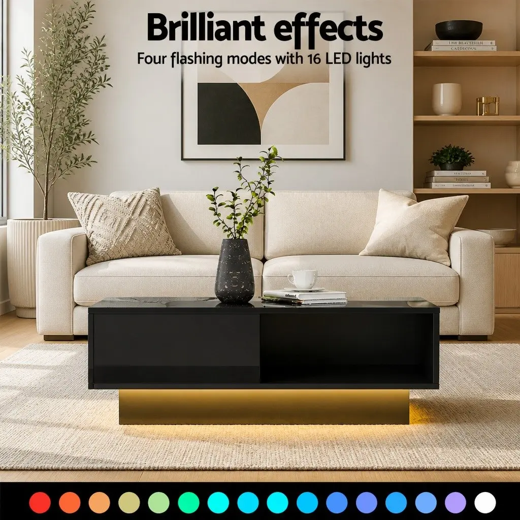 Modern LED Coffee Table with Remote Control Lights Black Living Room Storage