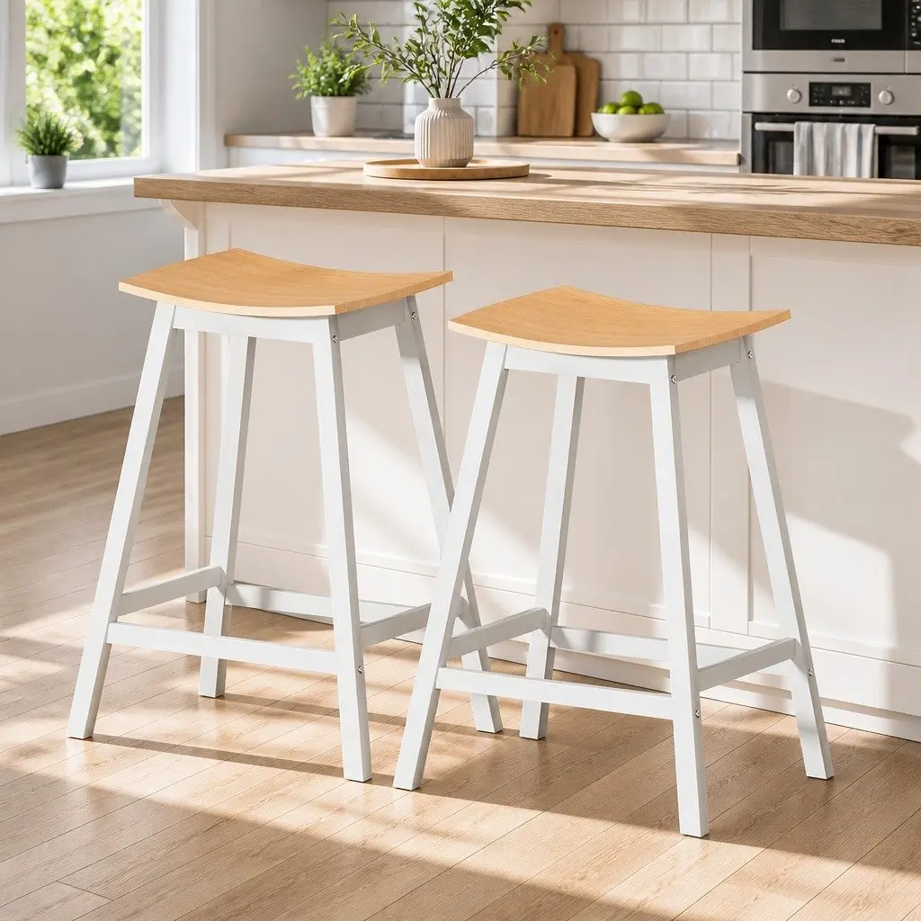 Bar Stools Wooden Saddle Seat 64cm Height Pinewood and Plywood Set of 2
