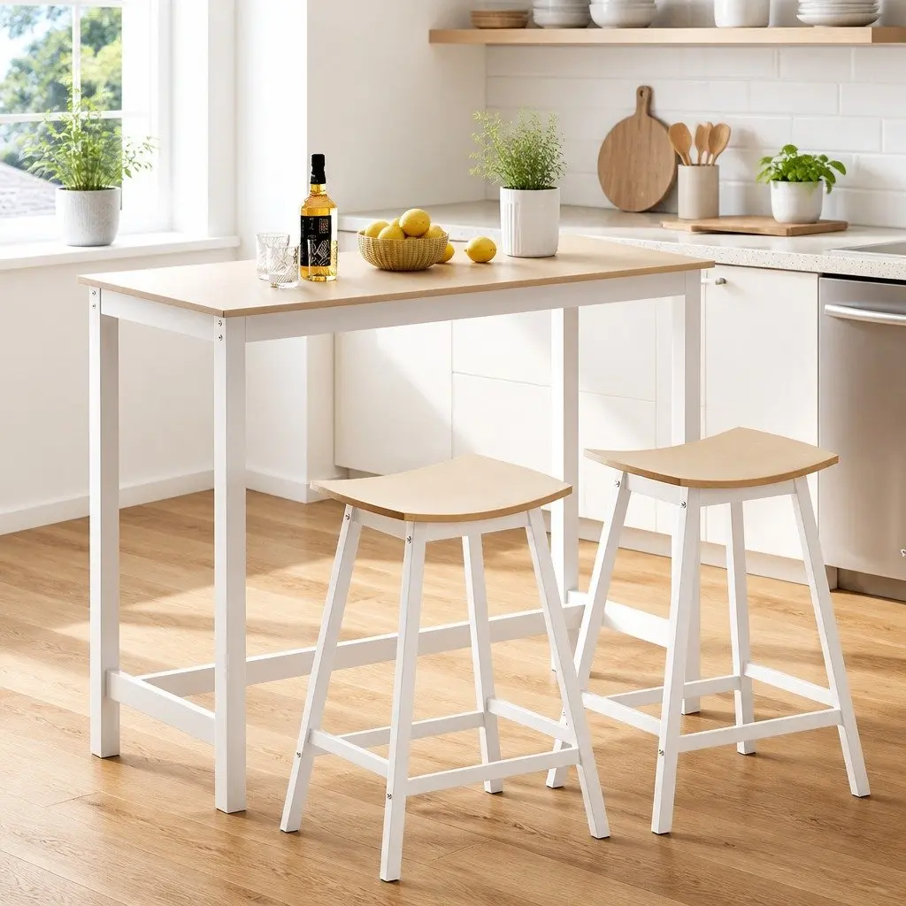 Pine Wood Bar Table and Stools Set for Dining Spaces
