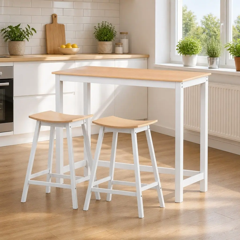 Pine Wood Bar Table and Stools Set for Dining Spaces
