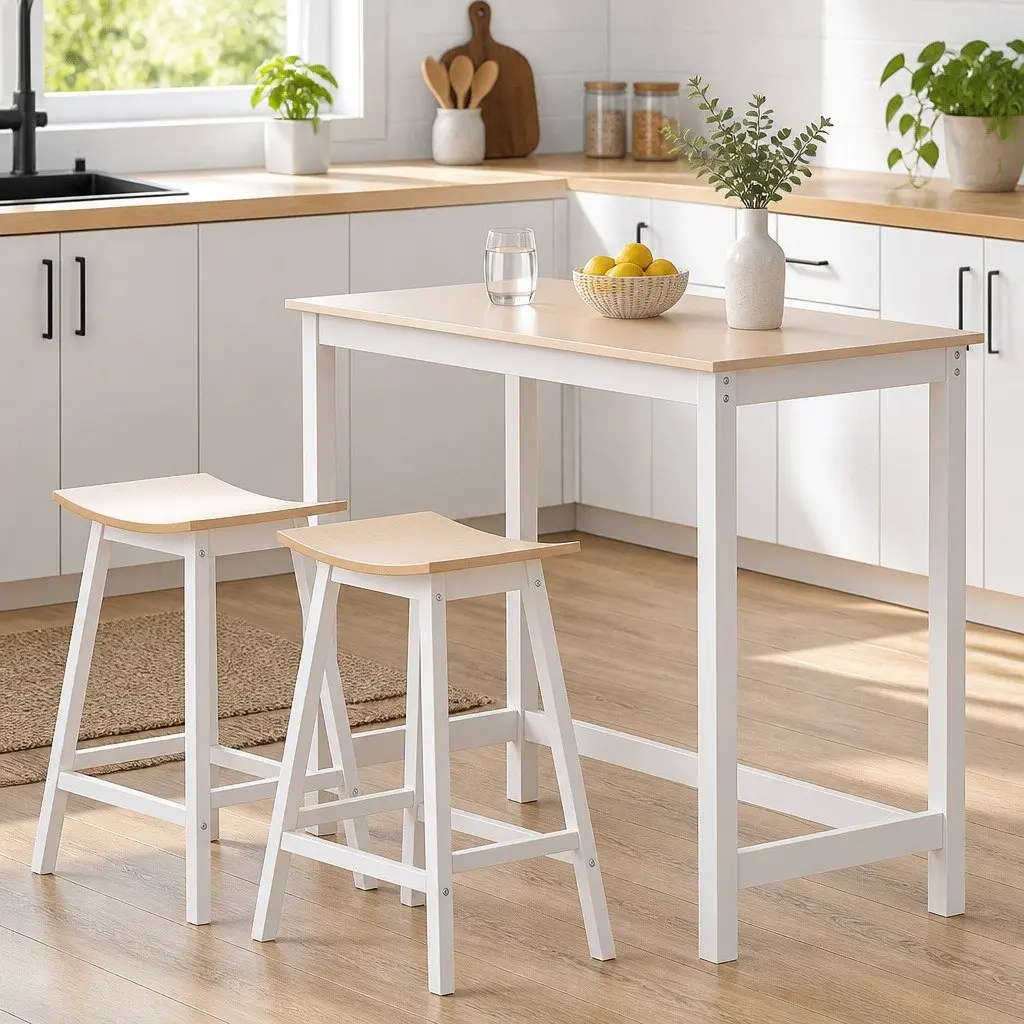 Pine Wood Bar Table and Stools Set for Dining Spaces