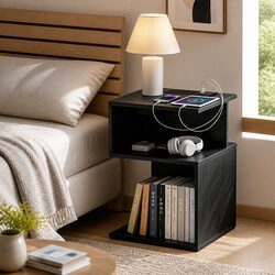 S-Shaped Black Bedside Table with Charging Station