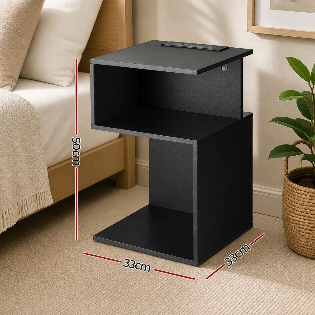 Bedside Table S-Shaped 2 Shelves Black Particle Board
