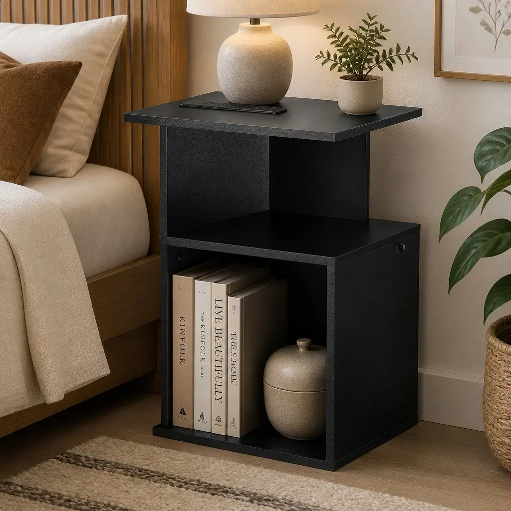 Bedside Table S-Shaped 2 Shelves Black Particle Board