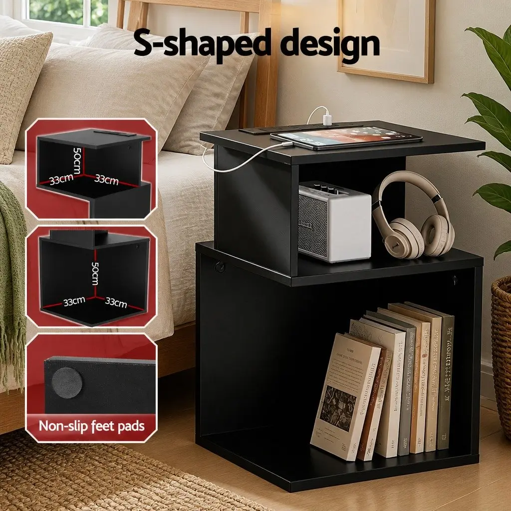 Bedside Table S-Shaped 2 Shelves Black Particle Board