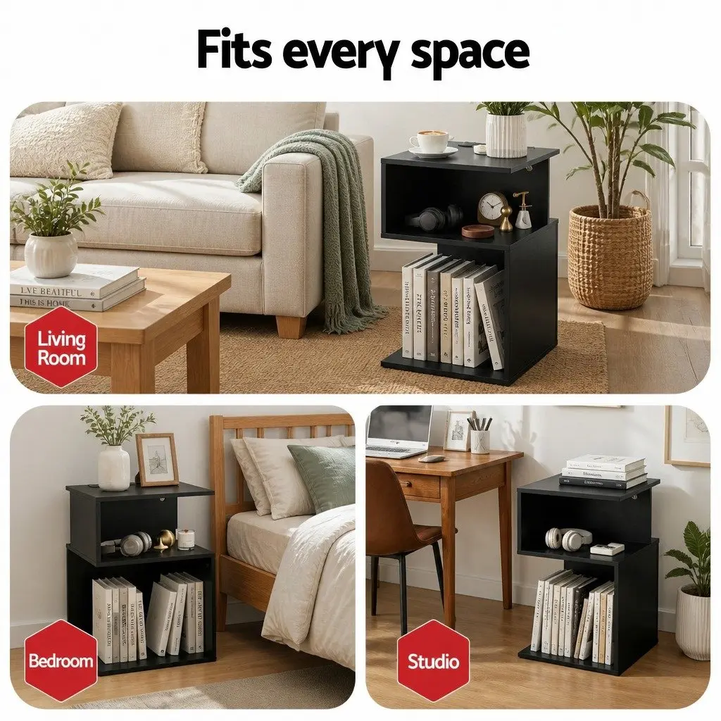 Bedside Table S-Shaped 2 Shelves Black Particle Board