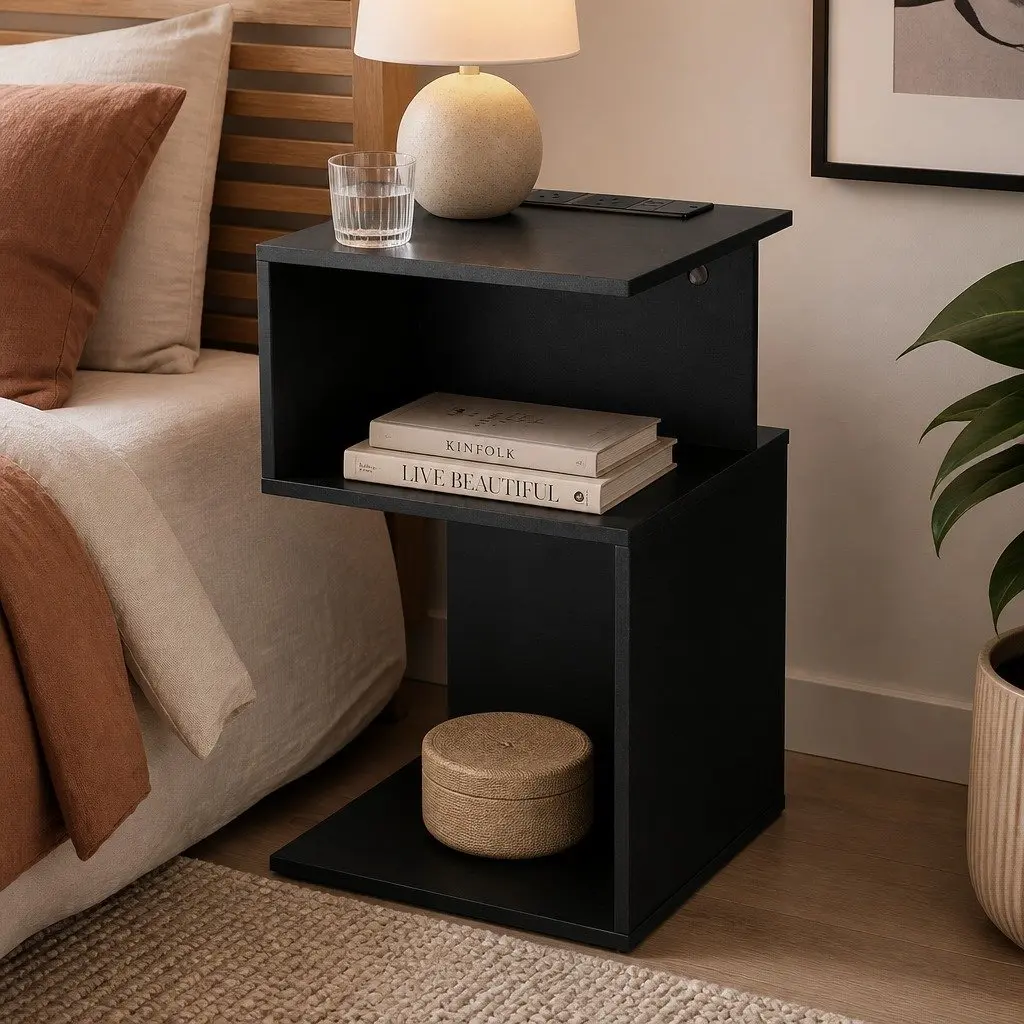 Bedside Table S-Shaped 2 Shelves Black Particle Board