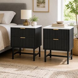 Charming Bedside Table with 2 Drawers in Black/White