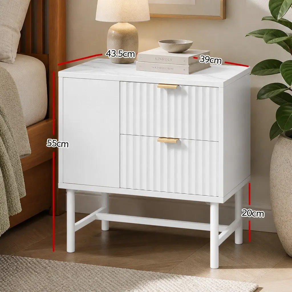 Bedside Table White 2 Drawers MDF Metal