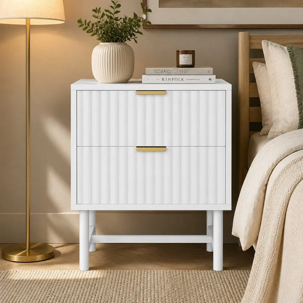 Bedside Table White 2 Drawers MDF Metal