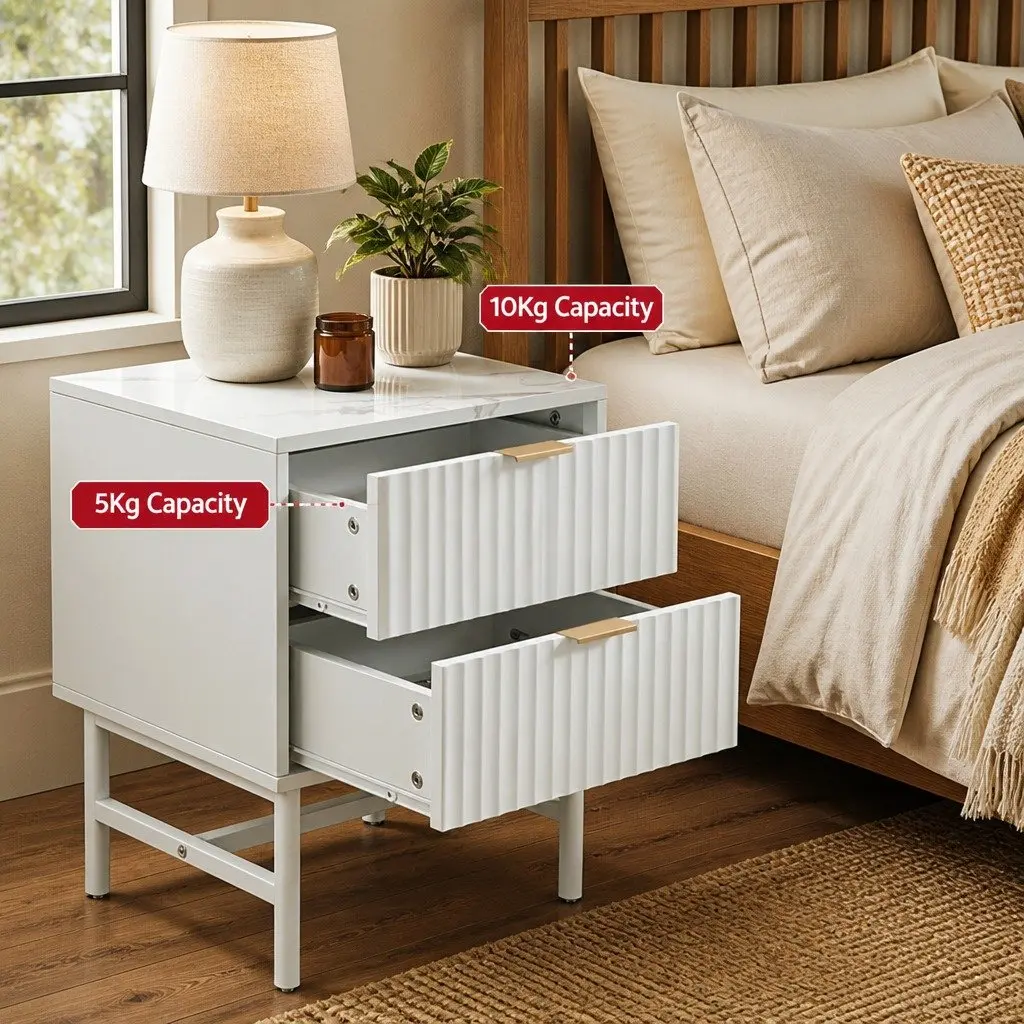 Bedside Table White 2 Drawers MDF Metal