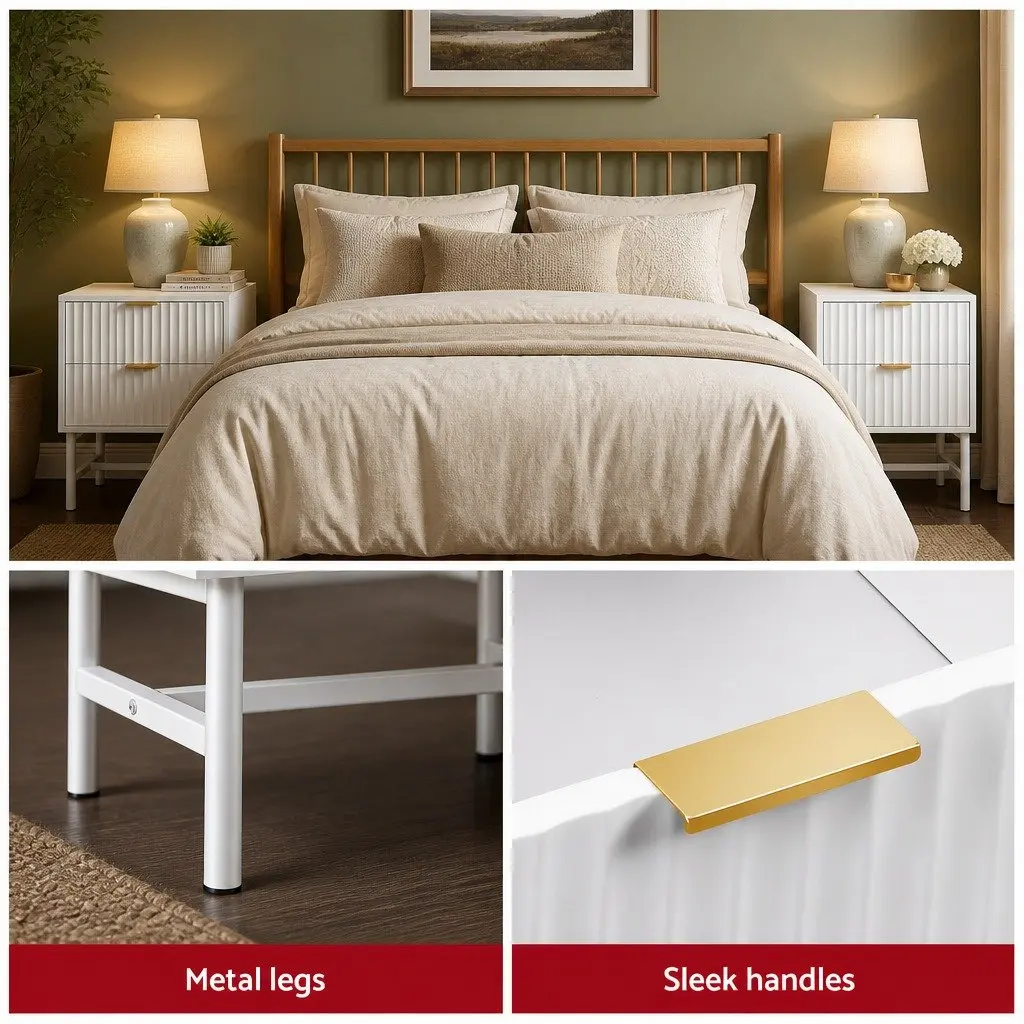 Bedside Table White 2 Drawers MDF Metal