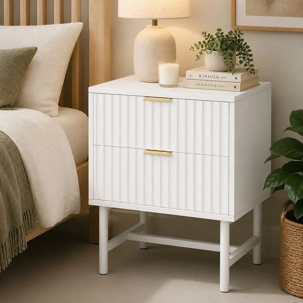 Bedside Table White 2 Drawers MDF Metal