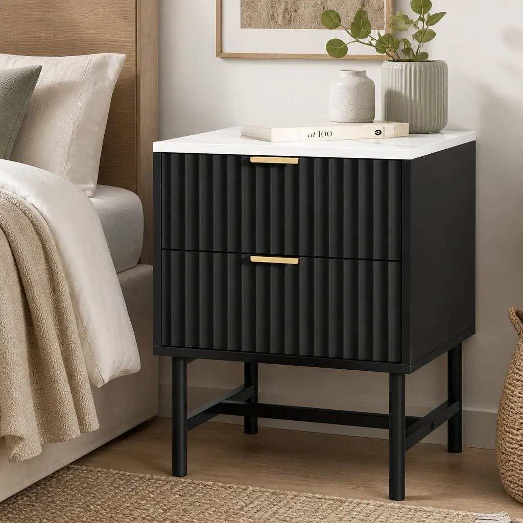 Bedside Table Compact Black White 2 Drawers MDF Metal