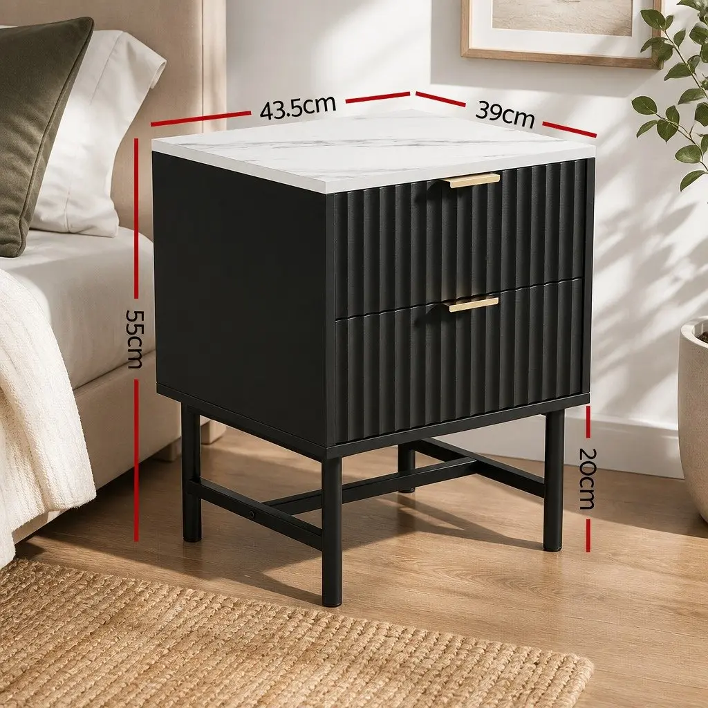 Bedside Table Compact Black White 2 Drawers MDF Metal