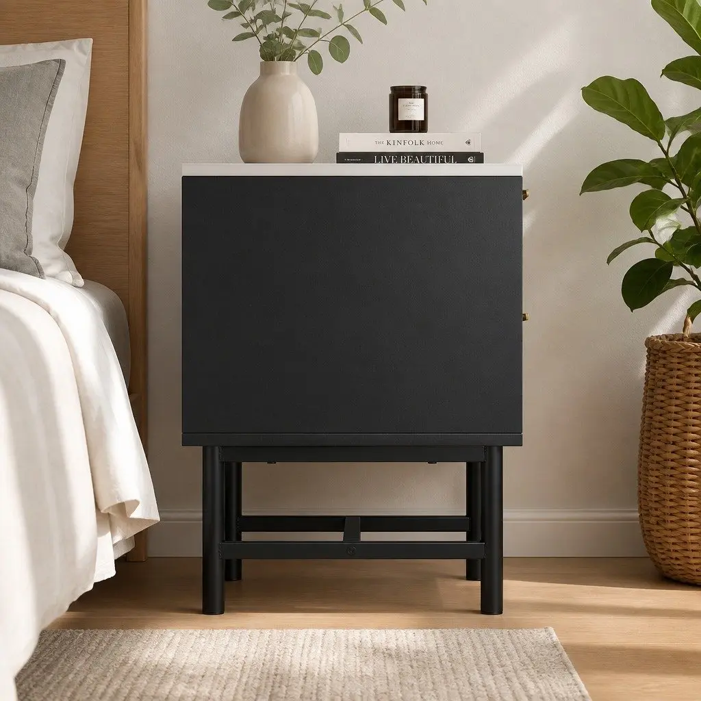 Bedside Table Compact Black White 2 Drawers MDF Metal
