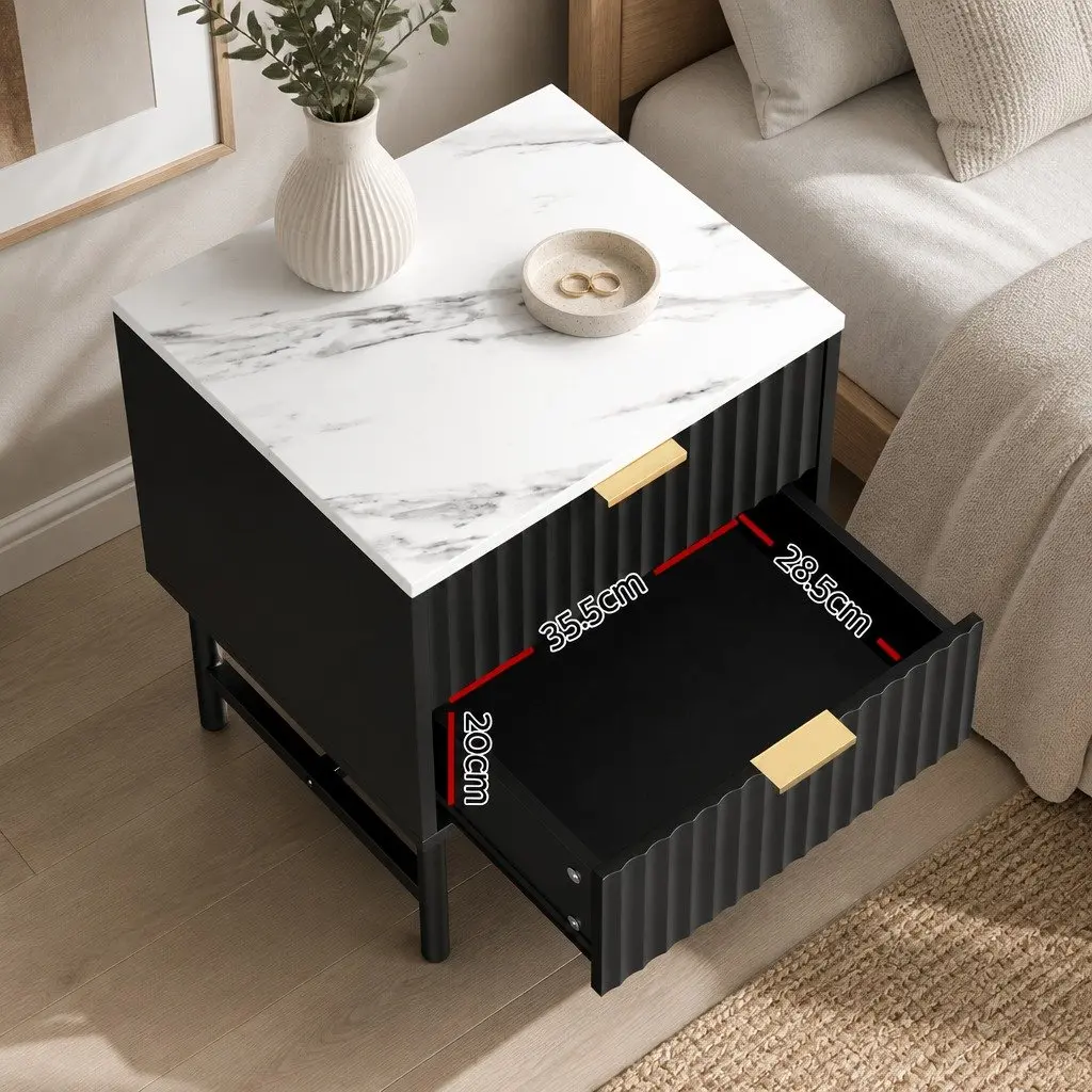 Bedside Table Compact Black White 2 Drawers MDF Metal
