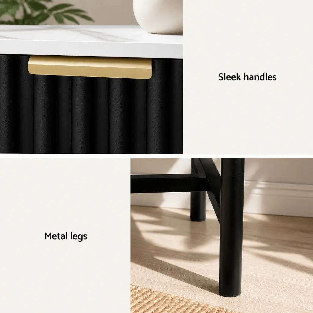 Bedside Table Compact Black White 2 Drawers MDF Metal
