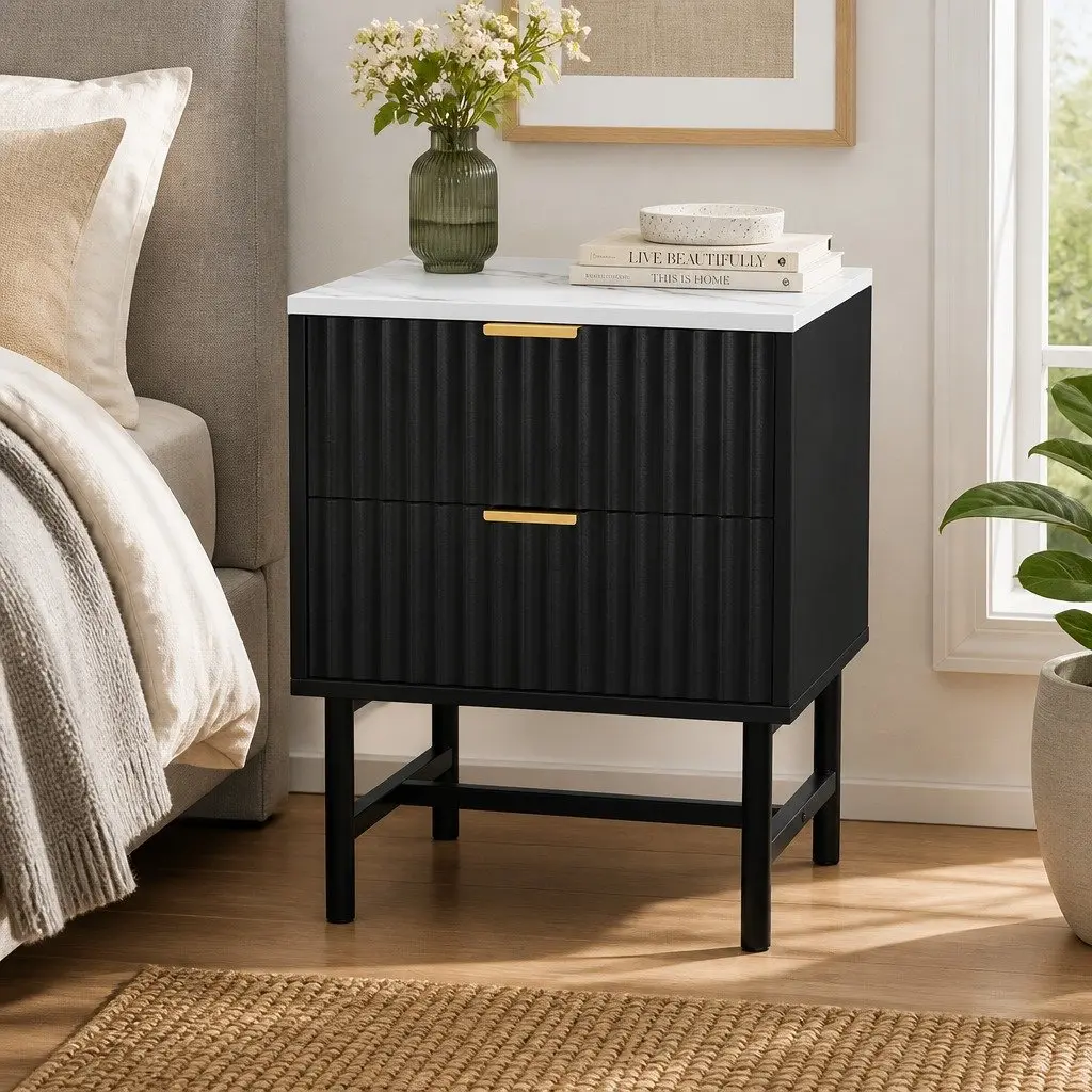 Bedside Table Compact Black White 2 Drawers MDF Metal