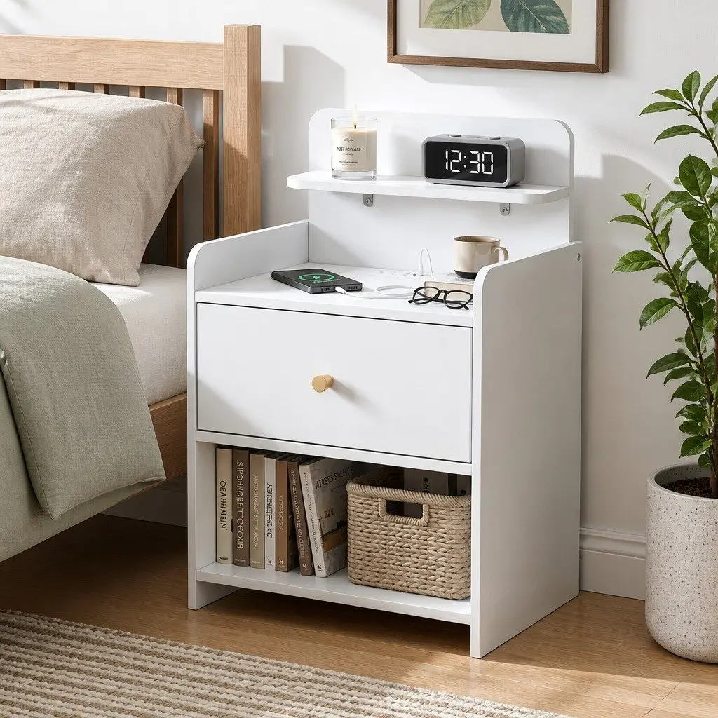 Bedside Table with Drawer and Charging Station