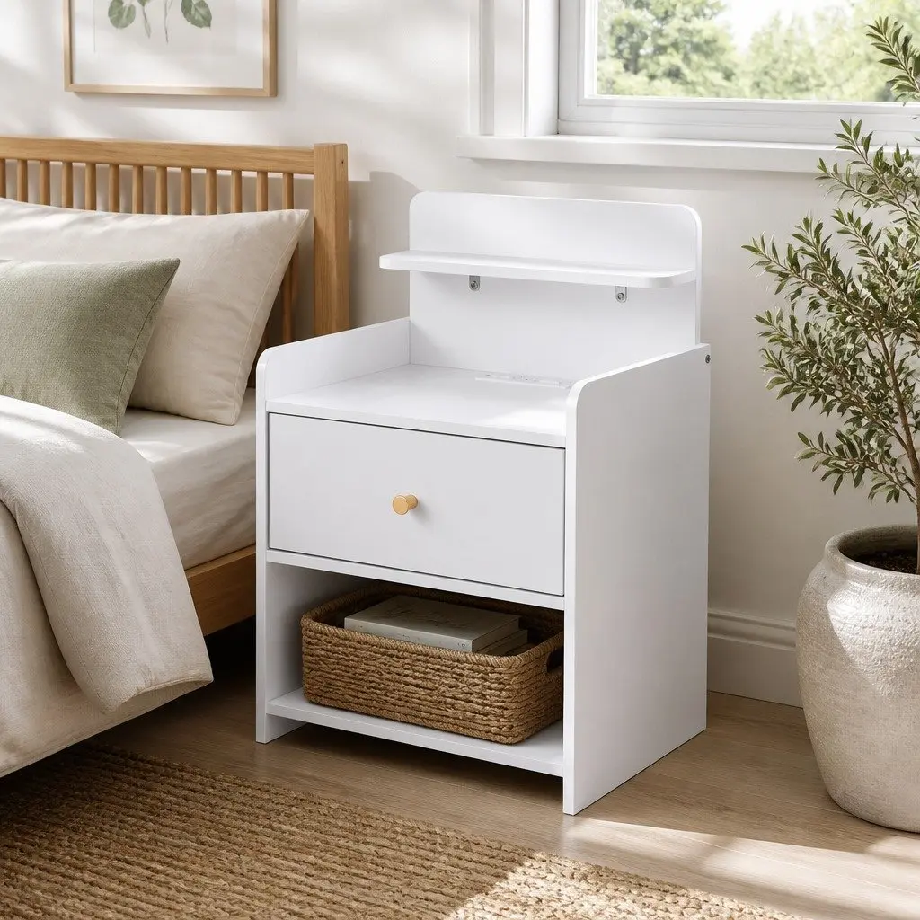 Bedside Table with Drawer and Charging Station