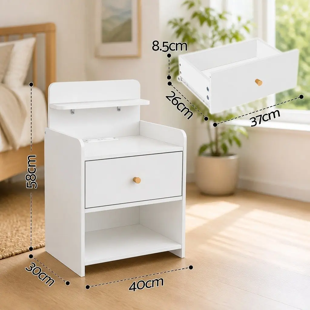 Bedside Table with Drawer and Charging Station
