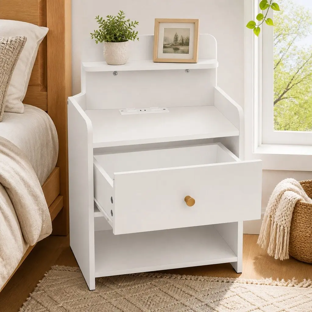 Bedside Table with Drawer and Charging Station
