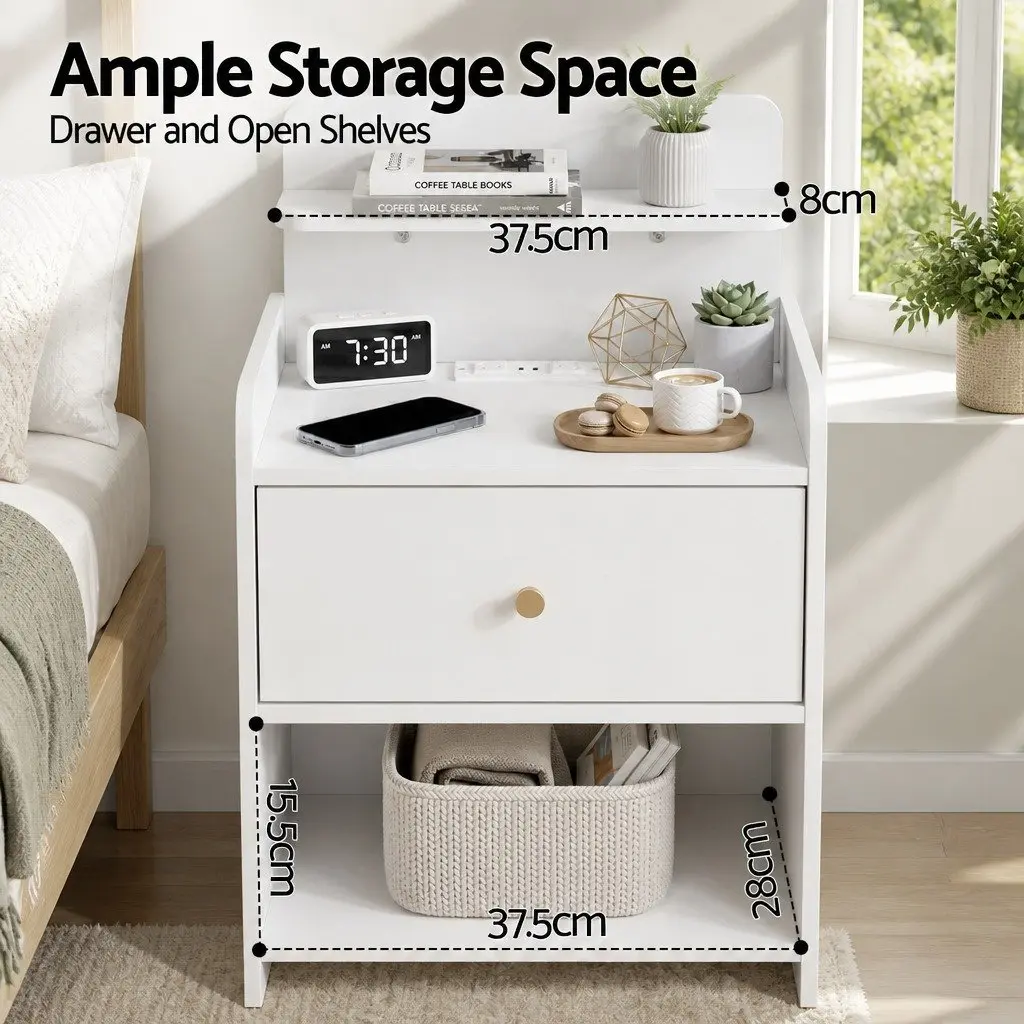 Bedside Table with Drawer and Charging Station