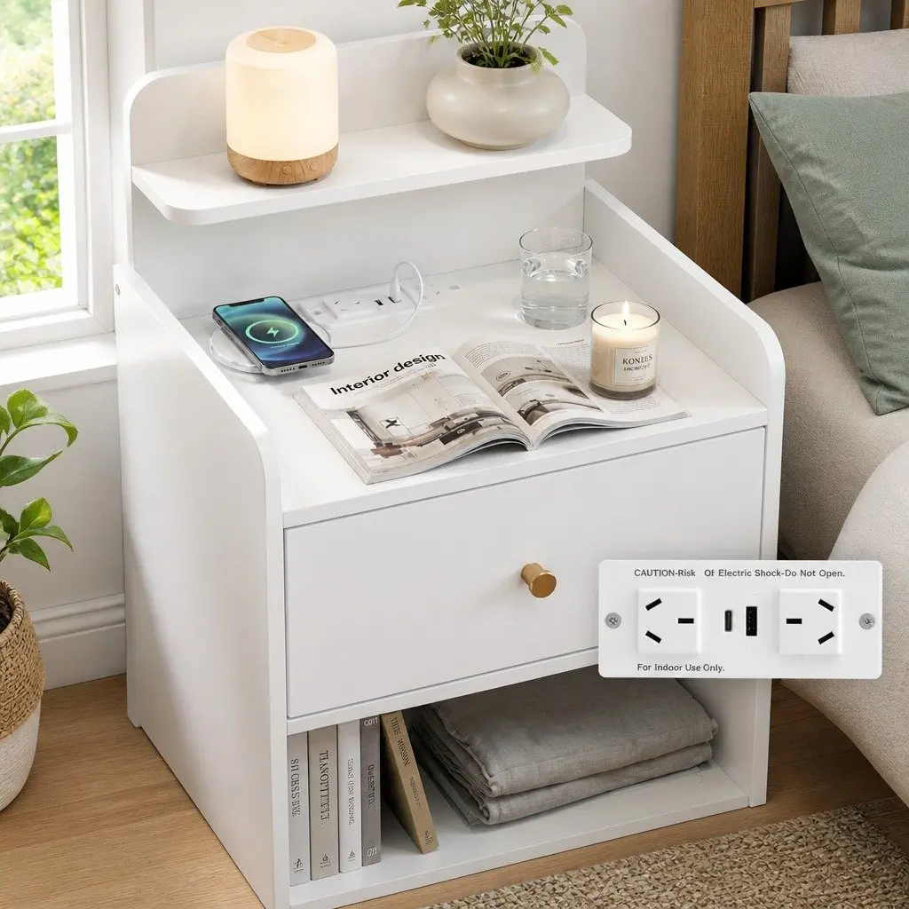 Bedside Table with Drawer and Charging Station
