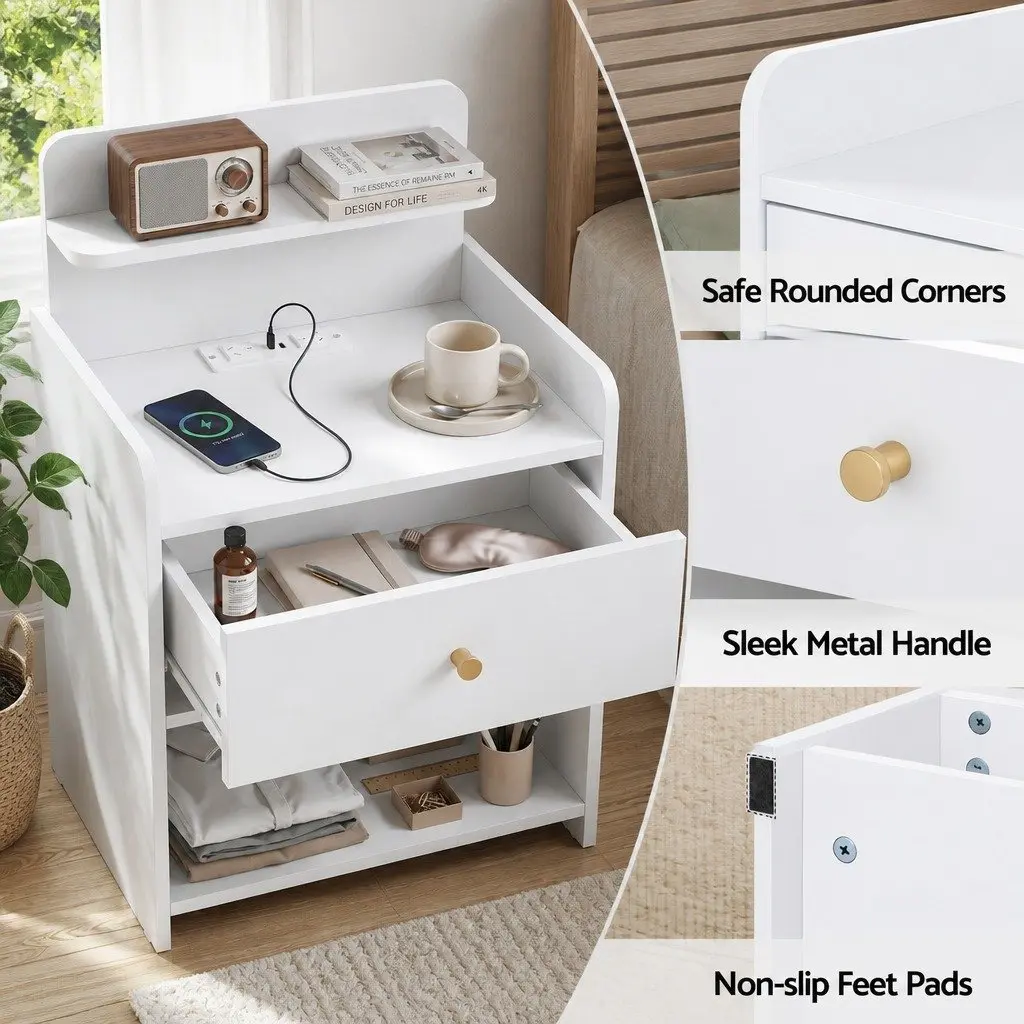 Bedside Table with Drawer and Charging Station