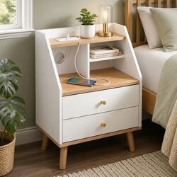 Charming Bedside Table with Charging Station and Drawers