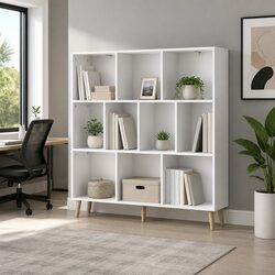 3-Tier Bookshelf with 10 Cubes in White and Pine