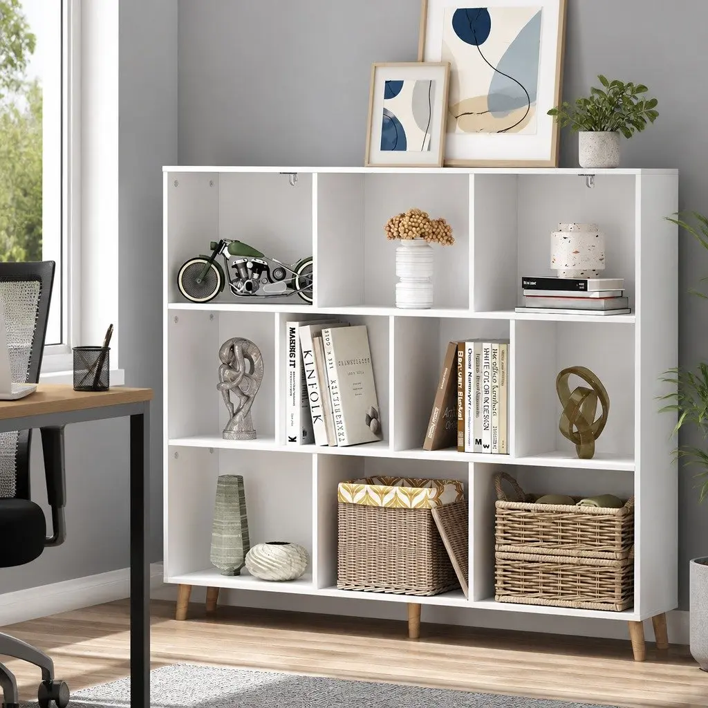 Bookshelf Minimalist 3 Tier 10 Cubes Storage Display Unit White Paper Veneer Pine Wood Legs
