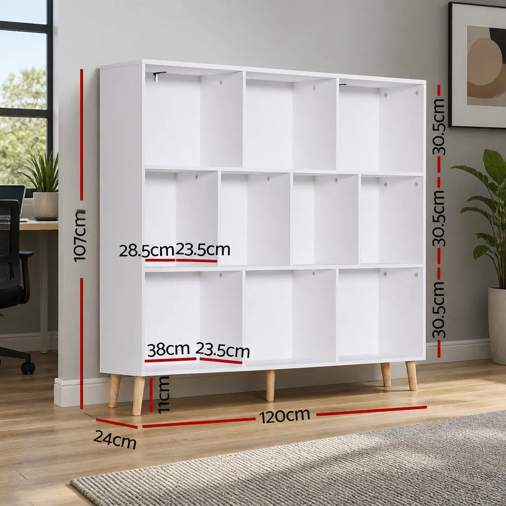 Bookshelf Minimalist 3 Tier 10 Cubes Storage Display Unit White Paper Veneer Pine Wood Legs