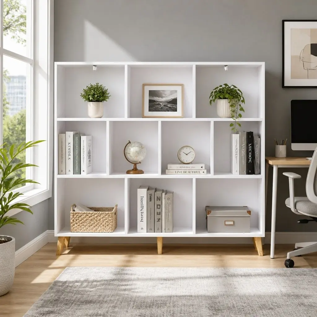 Bookshelf Minimalist 3 Tier 10 Cubes Storage Display Unit White Paper Veneer Pine Wood Legs